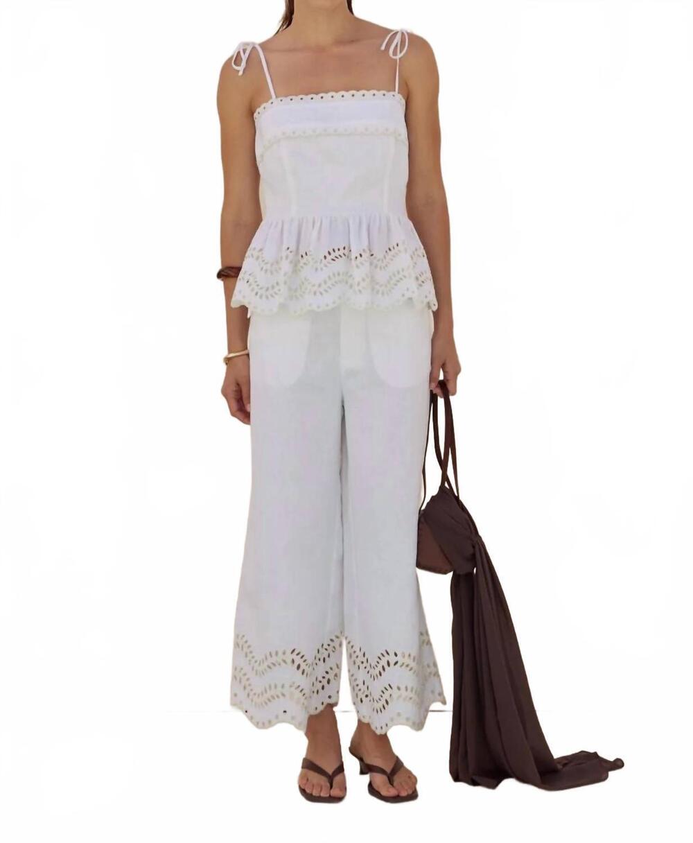 NEW ENGLISH FACTORY eyelet trim linen wide leg pants in white